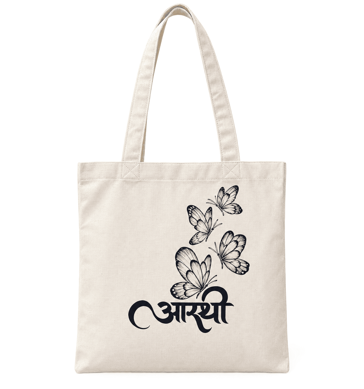 Natural canvas tote bag hand-painted with butterflies and a Hindi name