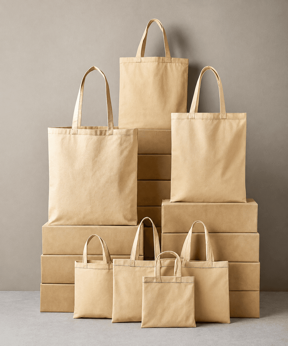 Stack of natural canvas tote bags in different sizes, ready for a bulk order