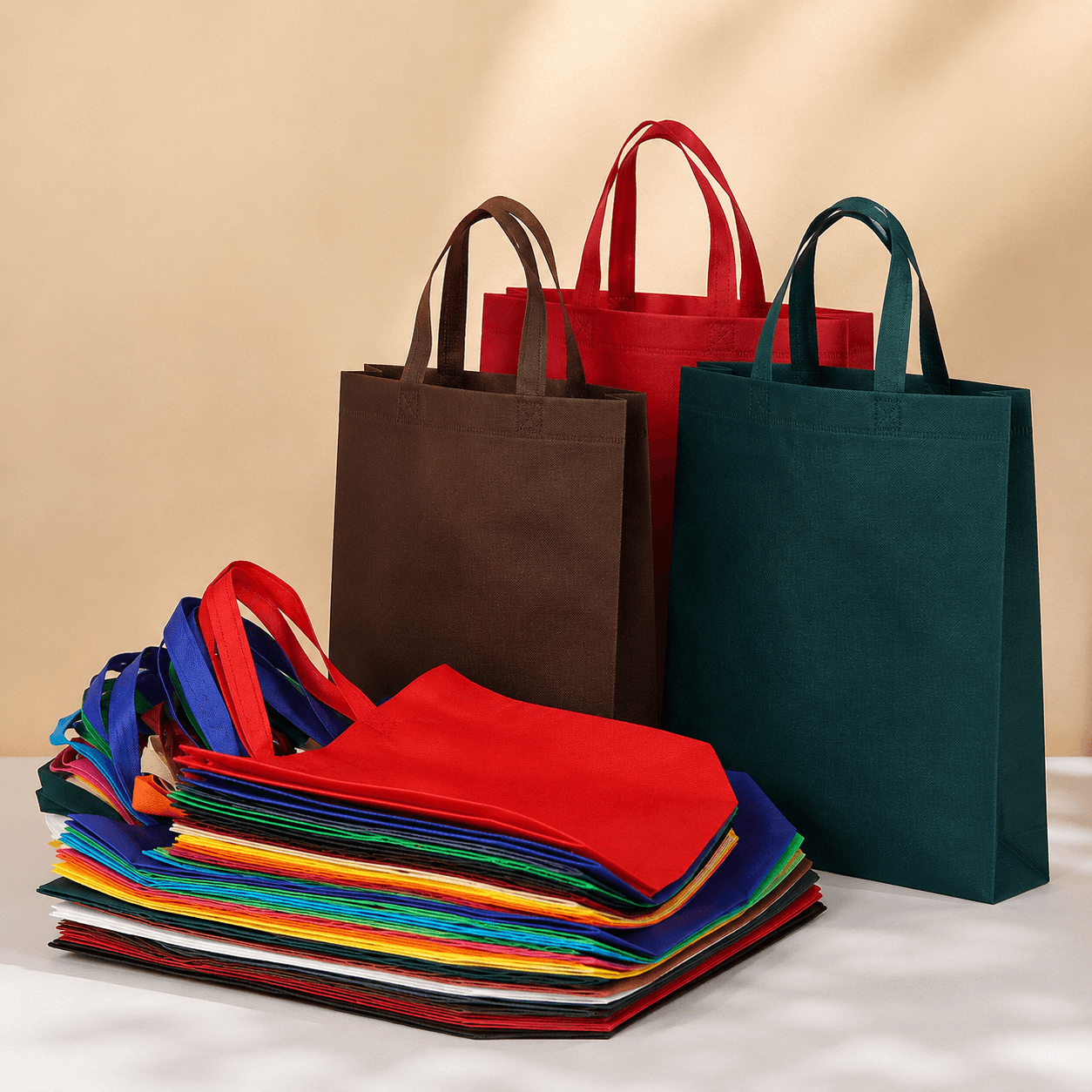 Stack of colourful non-woven shopping bags, with brown, red and green standing bags