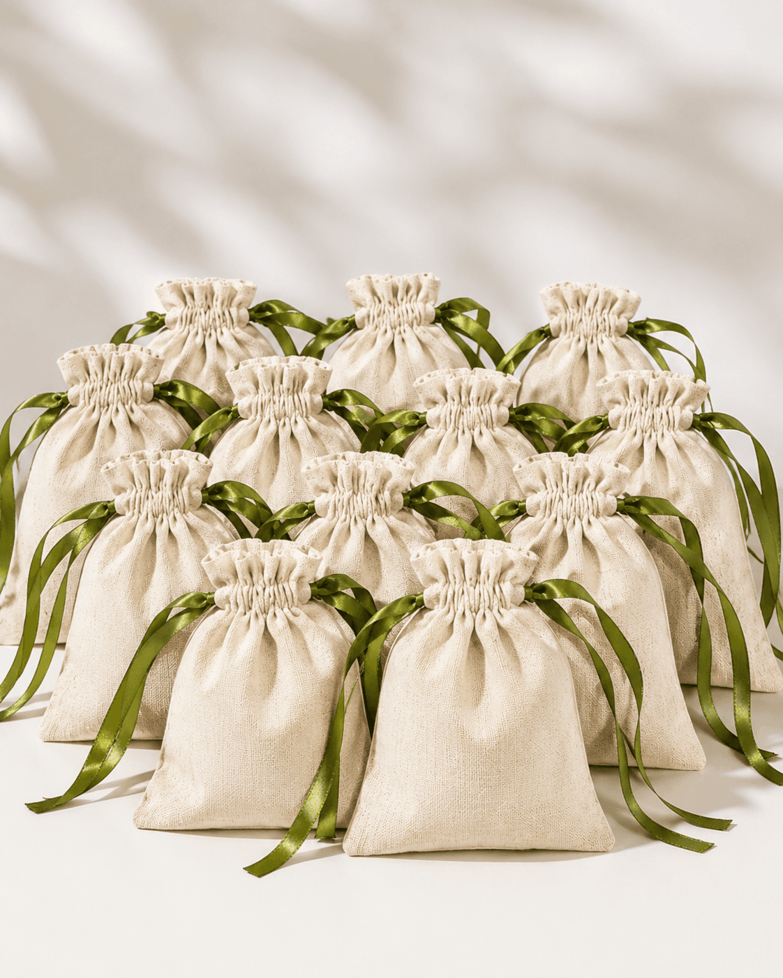 Rows of natural cotton drawstring pouches with green ribbon ties from a bulk order